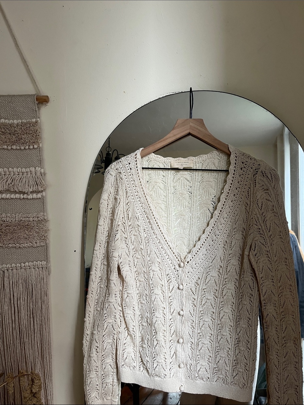 Sezane Cream Openwork V-Neck Button Cardigan